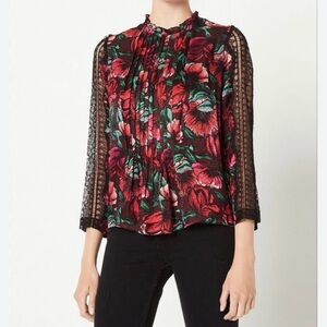 Sandro Red and Black Floral Blouse with Lace Sleeves